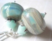 Sea and Sand 925 sterling silver womens dangle earrings lampwork glass beads opal blue mint alabaster Swarovski crystals antiqued silver