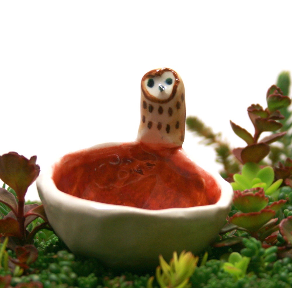 trinket bowl rustic style with barn owl handmade ceramic