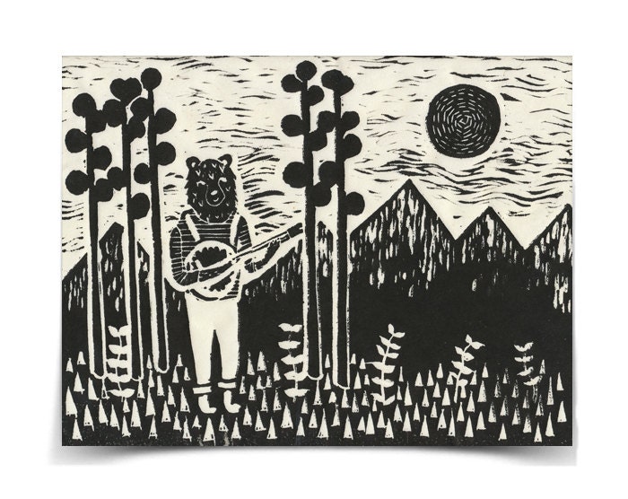 Banjo Bear - ORIGINAL 8 of 20 - Hand-carved hand-pulled matted linocut print