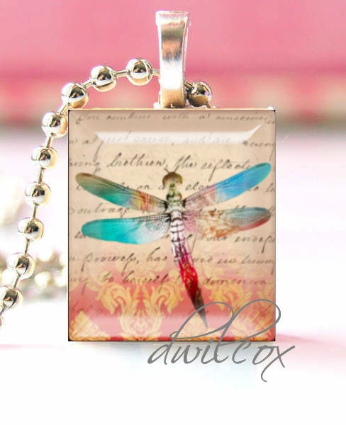 Scrabble Tile Pendant With Free Chain Colorful Dragonfly