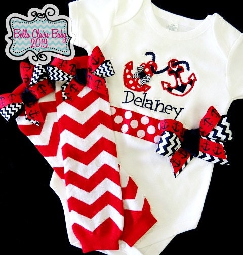 Nautical Anchors bodysuit and leg warmers set for girls Applique Personalized Custom Order- Chevron and anchors navy and red ribbon