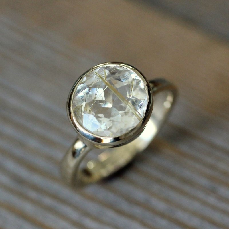 Size 7 Ready To Ship, One of a Kind Rutilated Quartz Gemstone Ring in 14k Yellow Gold, Large Solitaire