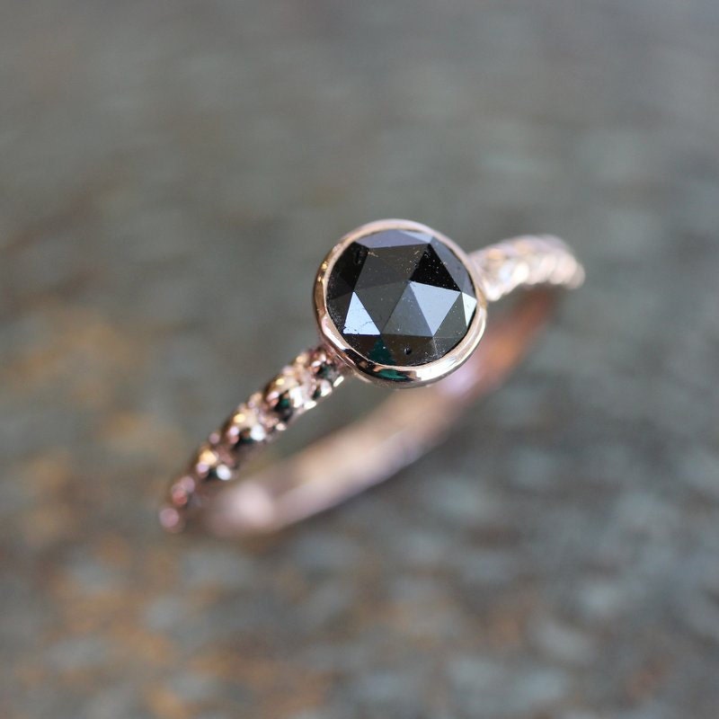 Black Diamond Rose Cut and Hand Carved 14k Rose Gold Band and Modern Vintage Design