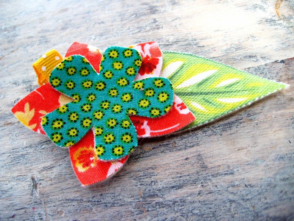 flower barrette - teal, dark organge, yellow, and pale pink