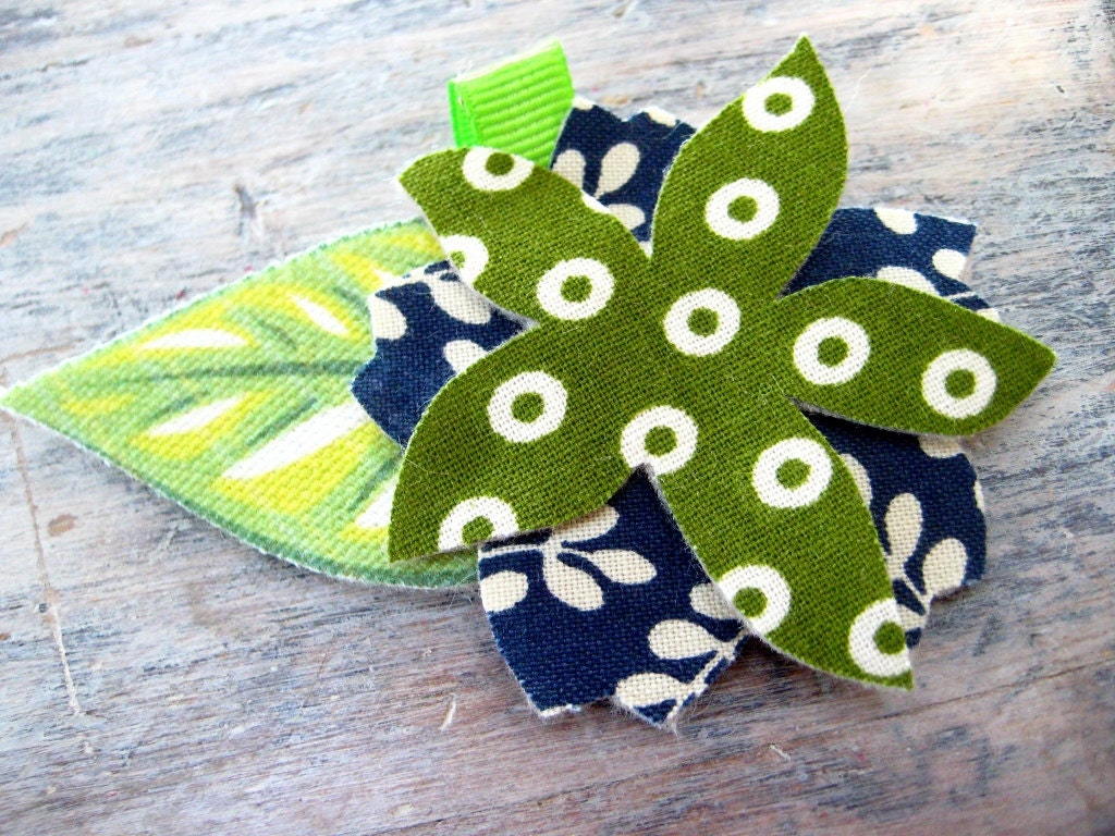 flower barrette - blue, and moss green