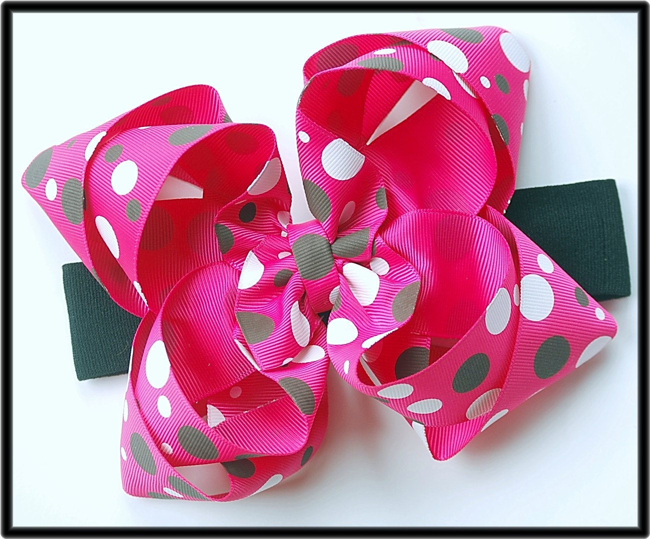 boutique double layered BIG shocking PINK and BLACK and white hair bow on a headband