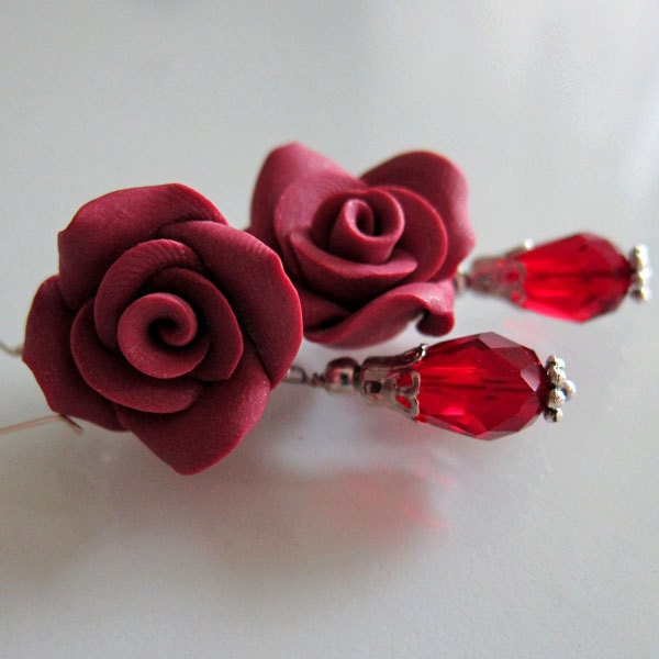 Dusty Pink Rose Dangle Earrings- Polymer Clay