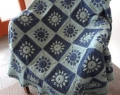 Marine Ocean Blues crocheted floral daisy sunflower squares afghan handmade dusty denim blue