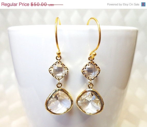 Sale 25% Off Crystal Clear Faceted Glass Crystal Earrings
