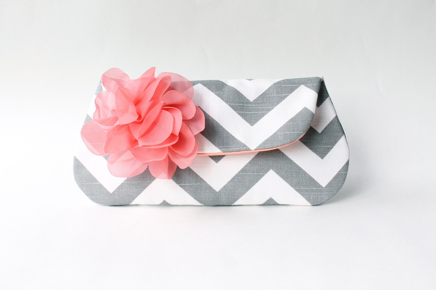 Coral and Gray Chevron Clutch, Bridesmaid Gift, Wedding Clutch, Envelope Clutch, Flower Brooch, Personalized Colors