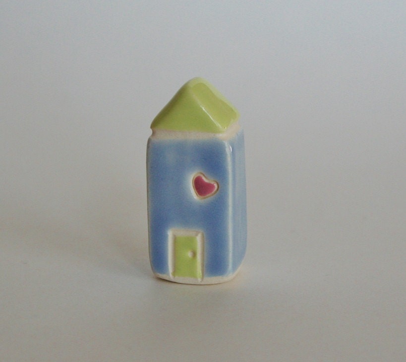 Little House Cottage Green Blue  Miniature Ceramic Clay