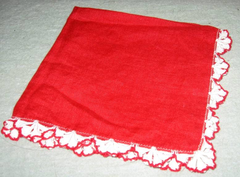 Vintage Red Valentine Hankie Handkerchief w Crochet edging - sherryi