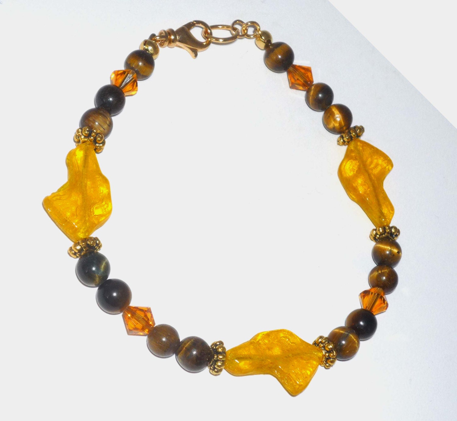 Designer Beaded Bracelet w Czech Glass Greyhound Head Beads,Tiger Eye, Amber, Swarovski