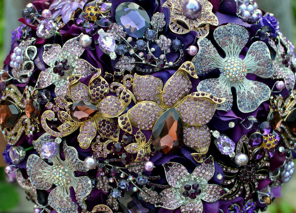 Custom heirloom amethyst brooch bridal bouquet