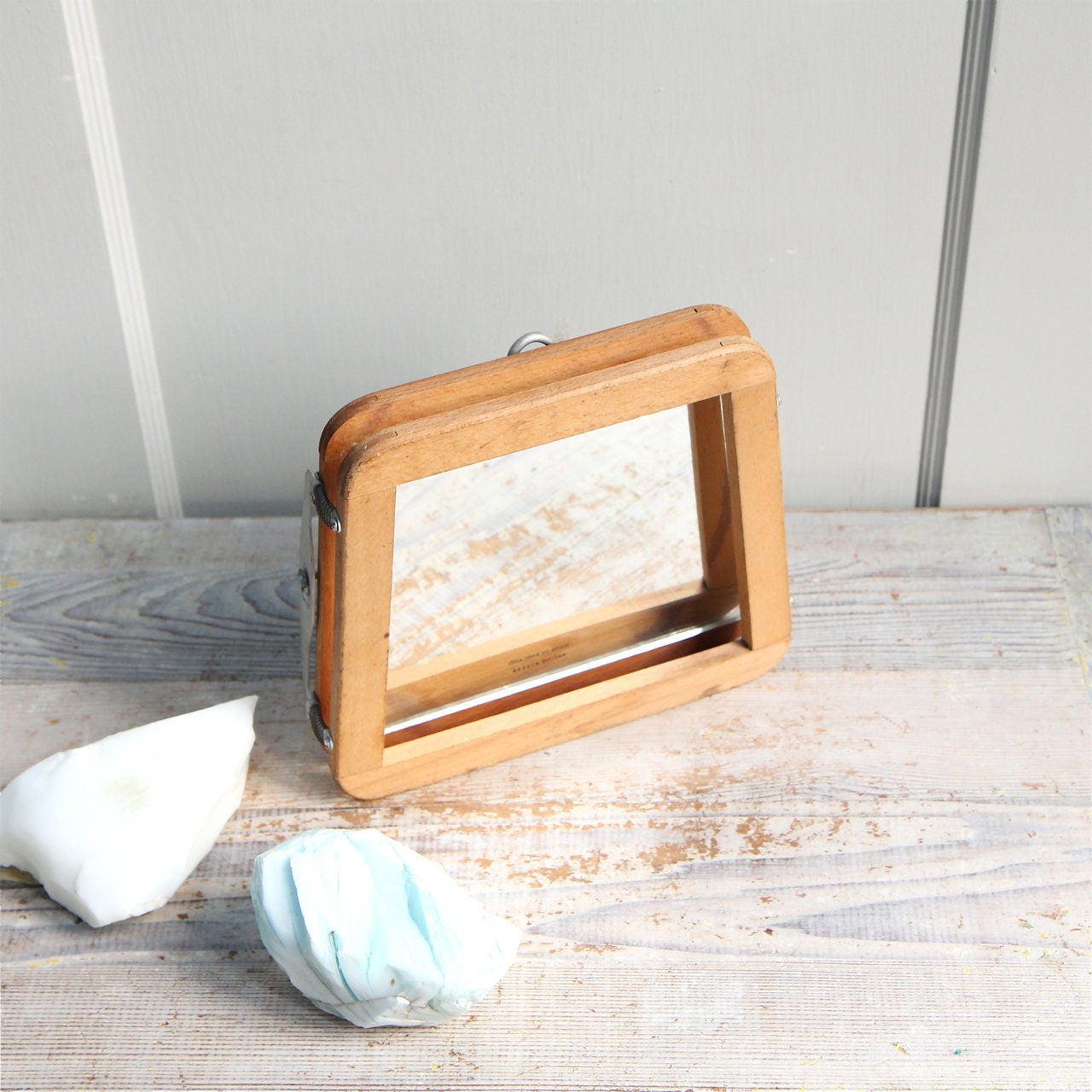 Handmade Vintage Trapezoid Mirror / Wood Framed, Geometric, Gem