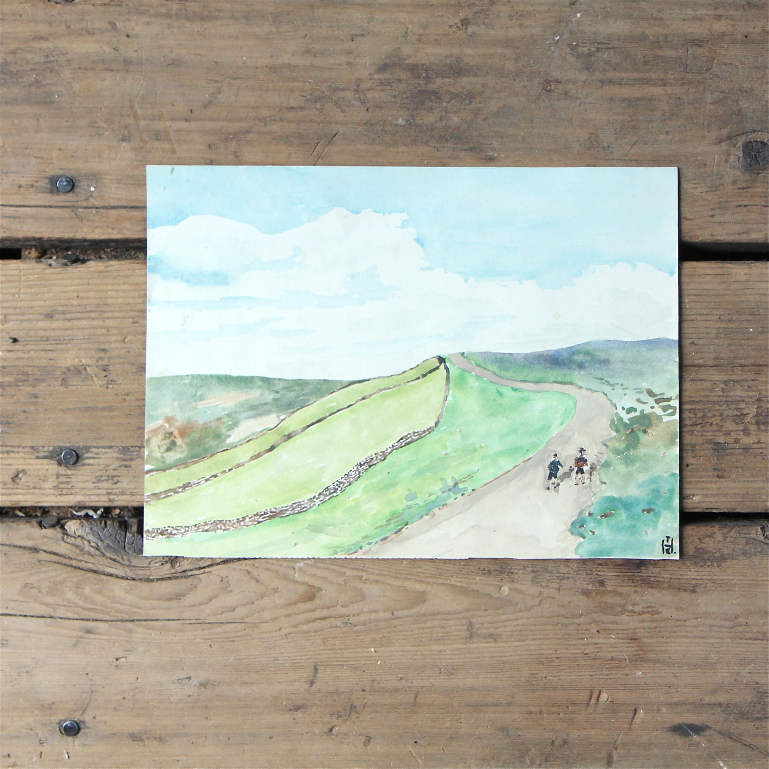 Vintage Landscape Watercolor Painting / Original Art, Countryside, Hiking