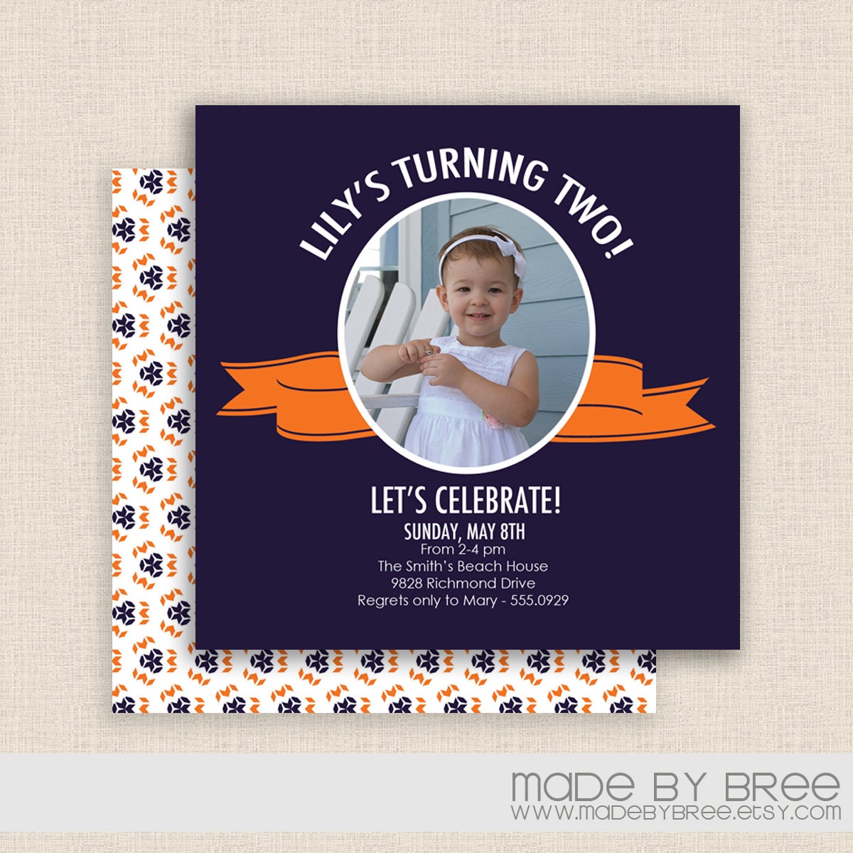Double Sided - Navy and Orange -  Photo - Chic Modern Invitation/Card