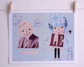 Blue couple in love - Paper Collage - Paper doll - Print -