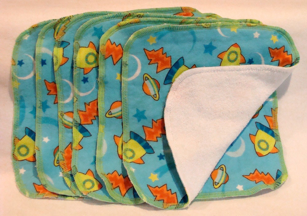 Country Cuttin's Infant Blue Outer Space Rocket Planet Flannel & Knit Terry Cloth Wipes Set of 6
