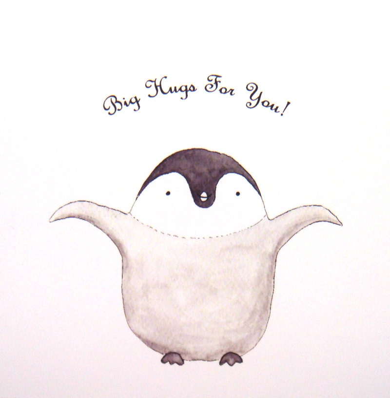 Cute Penguin Hug Original Animal Illustration Print Grey Black White Home Nursery Wall Decor 4x6