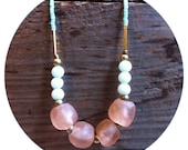 Beaded statement necklace - color blocked light pink and aqua seed beads - pink african trade beads - brass
