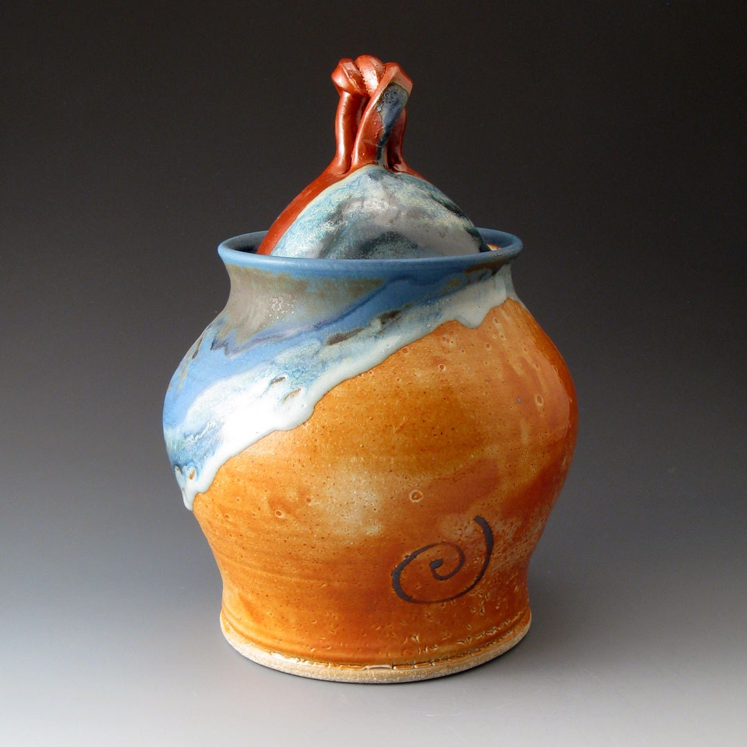 Covered Jar- Blue and Orange - Handmade Ceramic Burial Urn