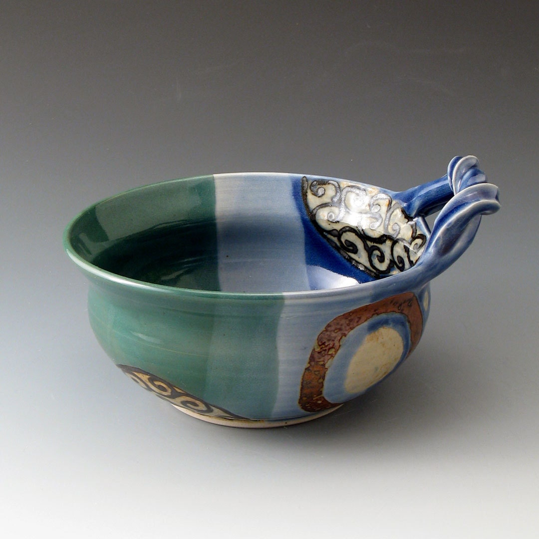 Soup Bowl with Handle - Blue/Green Colors