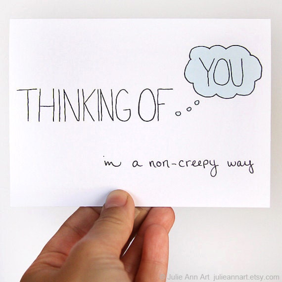 Thinking Of You Card. In A Non-Creepy Way. Light Blue, Robins Egg Blue, White. Single Card.