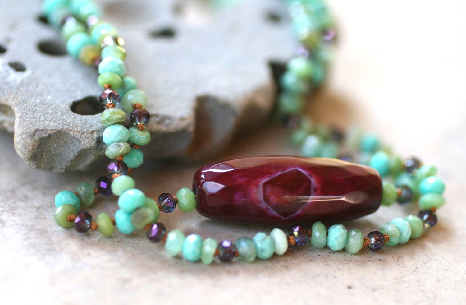 Purple Agate with Green Chrysoprase Double Strand Hand Knotted Handmade Necklace
