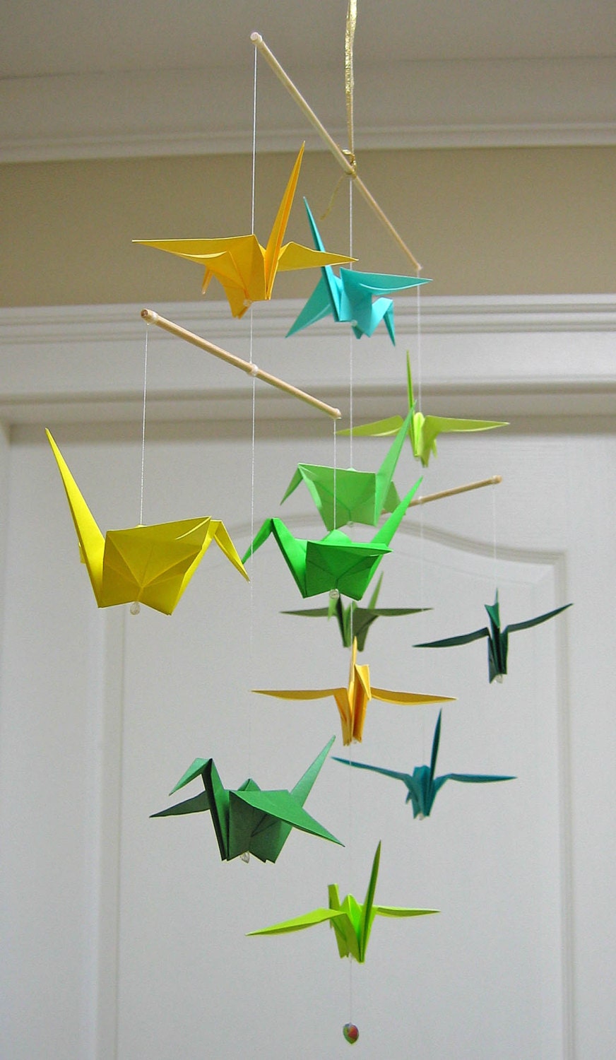 Green and Yellow Origami Crane Mobile
