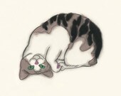 Cat illustration tortoiseshell cat Upside Down you turn me - 6" X 4"
