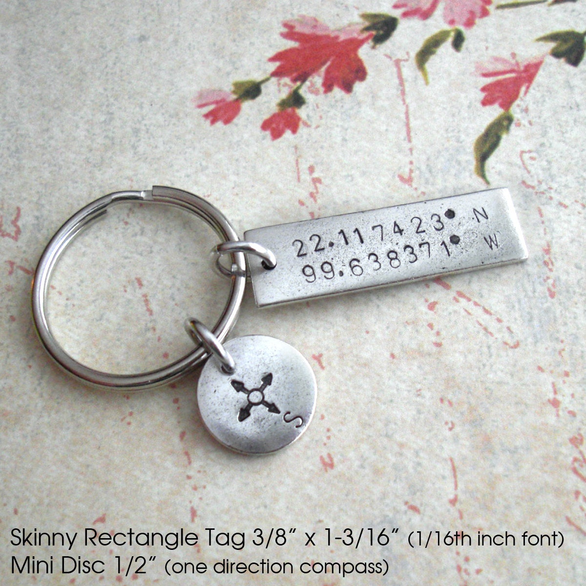 Double Charm Keychain . GPS Coordinates & Mini Compass . Hand Stamped . custom Lat/Long antiqued metal . Copper, Silver, Gold . Father's Day