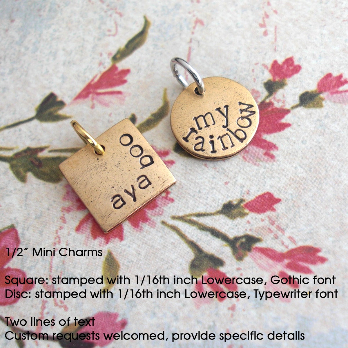 Two Lines of Text on a Mini Charm .Square or Circle .Perfect Addition to necklace .Monogram, Couples, Initial, Birthday silver, copper, gold