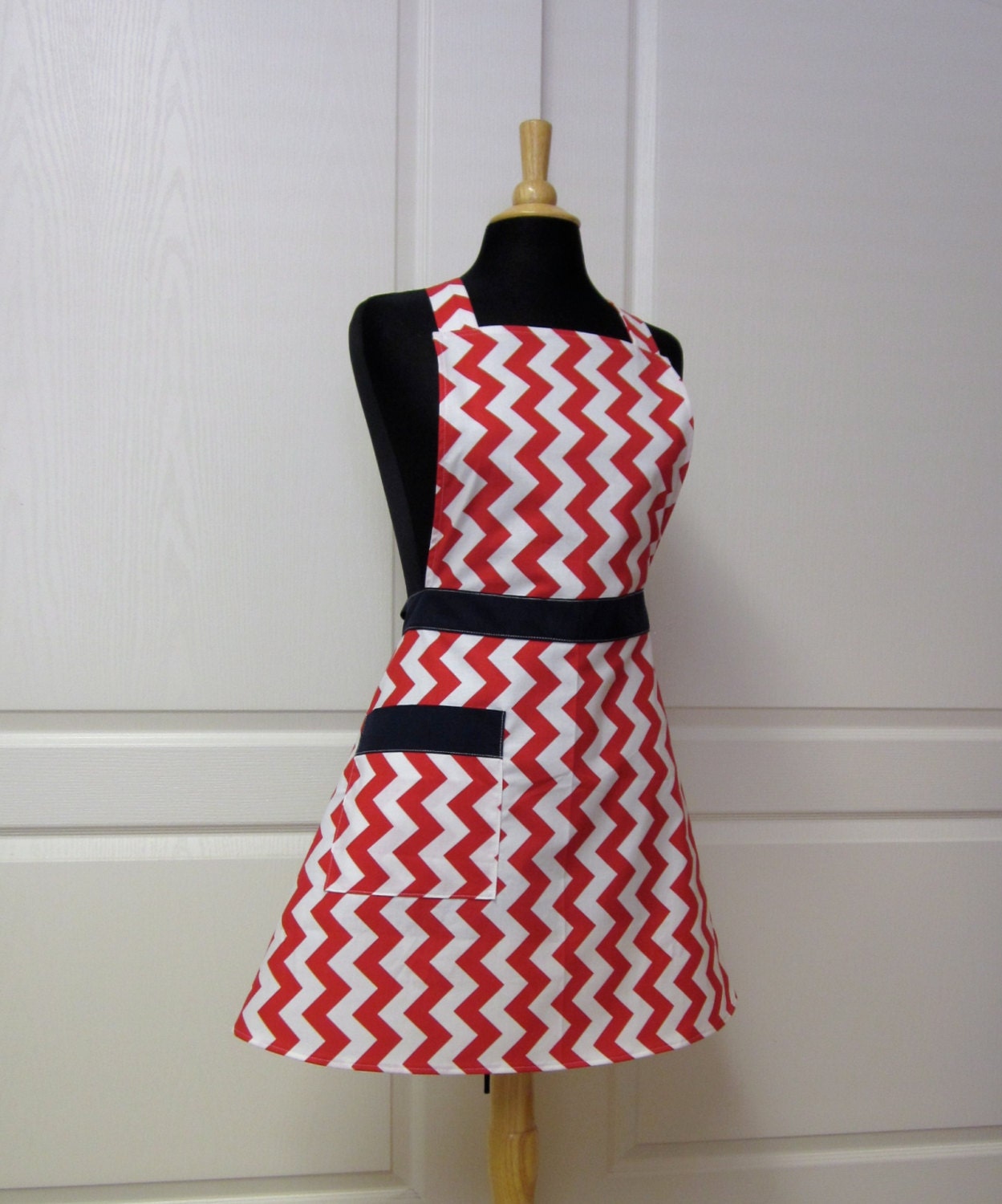 Red Chevron Retro Apron, Navy Blue Accent - Flair for Cooking Cute Kitchen Apron - Ready to Ship