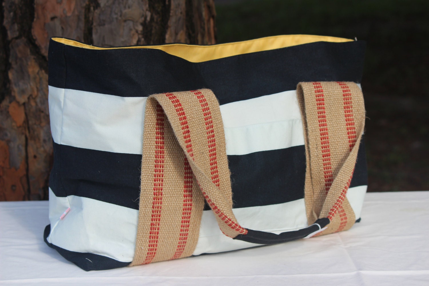 Gorgeous Balck and White Striped Tote/ Water and Stain Resistant/ Nautical Beach Bag