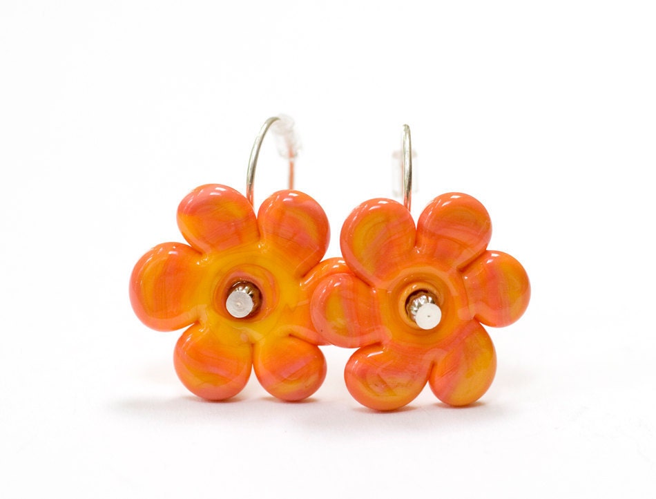 Apricot Orange Flower Bead Earrings Handmade Lampwork Glass Sterling Silver Made to Order