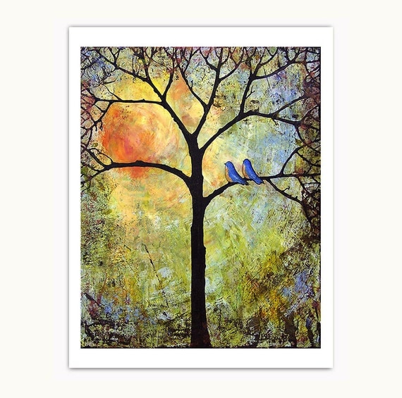 Sunshine 8X10 Art Print Tree, Bluebirds, Love Birds, Bright, Cheerful, Romantic