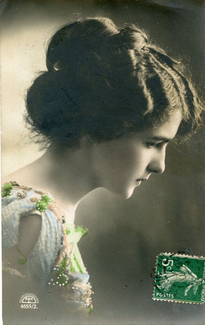 Original French vintage hand tinted real photo postcard - Profile of beautiful lady - Victorian Paper Ephemera