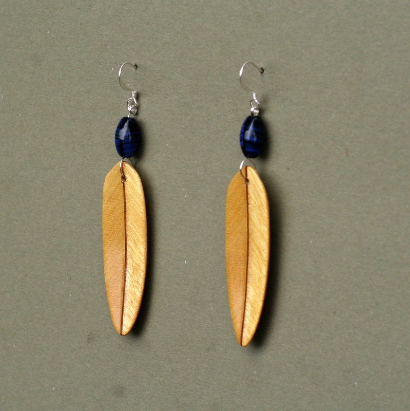 Handcarved Yellowheart and Mahogany Wood Leaf / Feather Earrings 130605