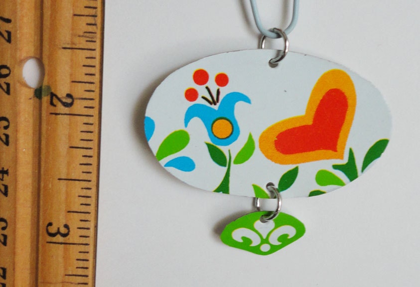 Vintage Tin Pendant with heart and blue tulip