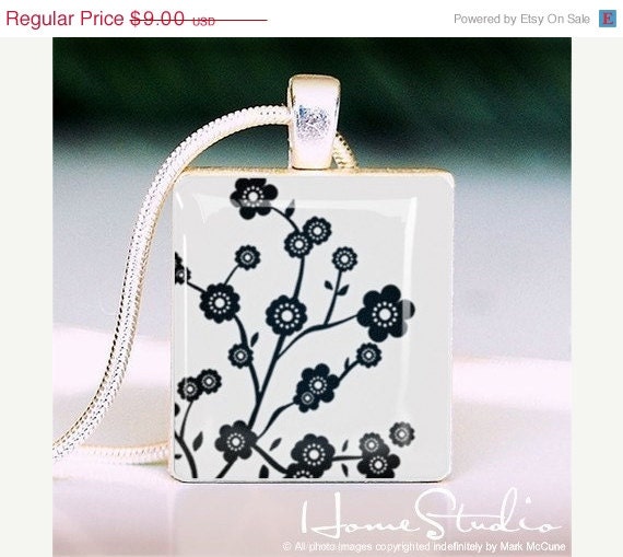 Moving Sale - Cherry Blossom (White) : a pendant charm made with a wood Scrabble tile game piece