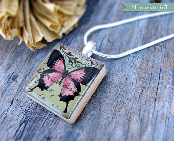 PAPILLON (Pink) : on a pendant charm made from a Scrabble Game Tile piece