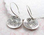 Sterling Silver Disc Earrings, Daisy Flowers, Floral, Hand Stamped, Domed Earrings
