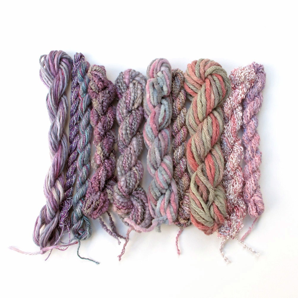 10 mini-skeins, hand dyed thread, assorted fibres - light grey, violet, light mauve, lilac, pink, cotton, silk, linen, viscose