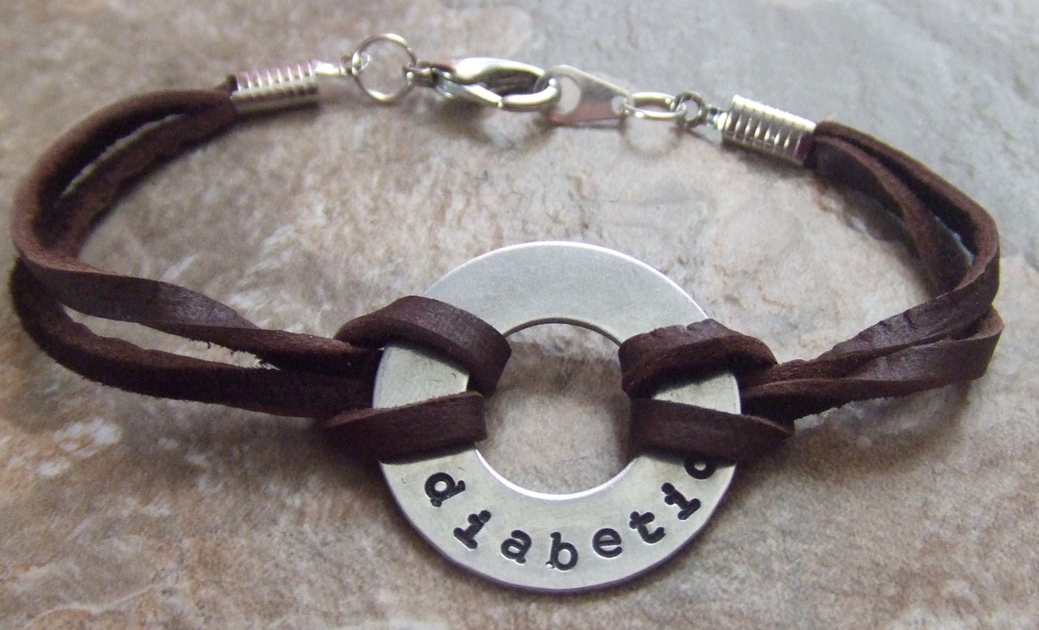 Handstamped Silver and Leather Medical Alert Bracelet - Diabetic Asthma Allergies Autism Pacemaker