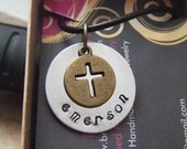 Personalized First Communion Baptism Confirmation Handstamped Silver and Brass Cross Necklace