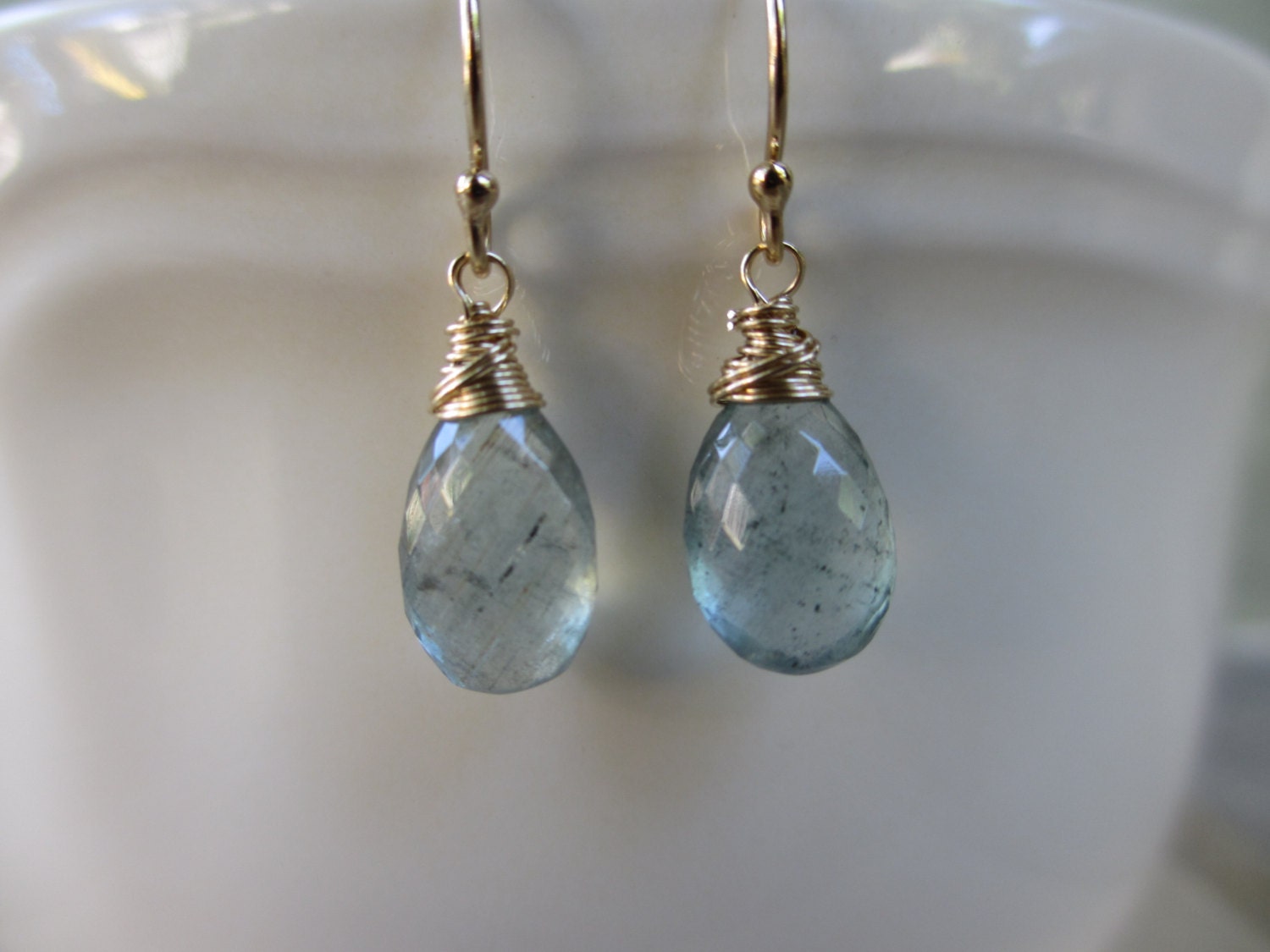 Moss Aquamarine Earrings, Gold, Wire Wrapped, Blue Green Earrings, Sage, Fashion, Irisjewelrydesign