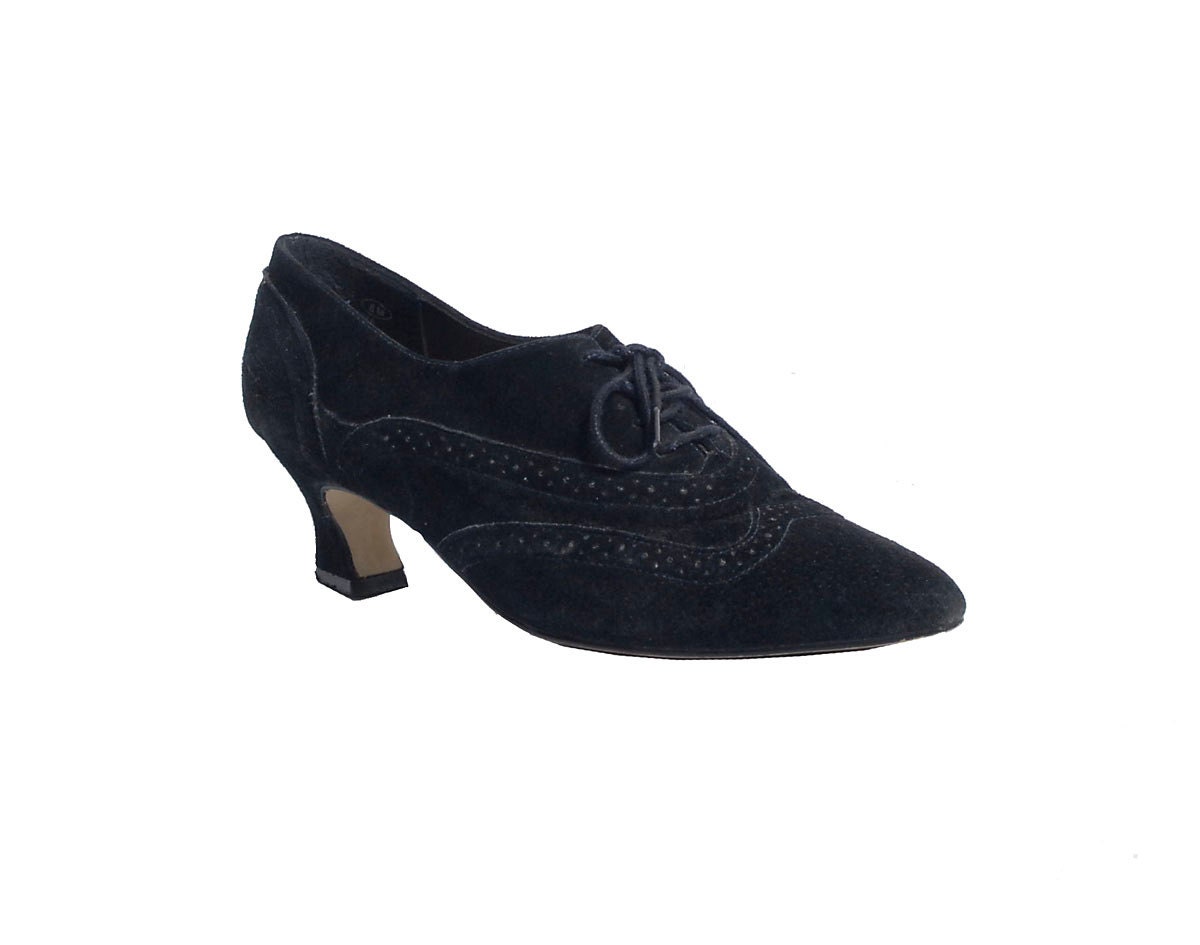 Vintage 90s Black Suede Lace Up Oxfords Shoes Pointed Toe 7 7 1/2 8