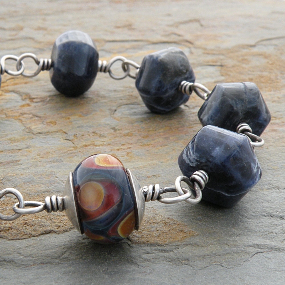Dark Blue Sodalite Gemstone Bracelet, Lampwork, Sterling Silver, Chunky, Casual, Rustic