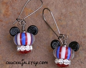 4th of July American Mickey Mouse Style Disney Inspired Lampwork DeSIGNeR Earrings Patriotic Flag USA